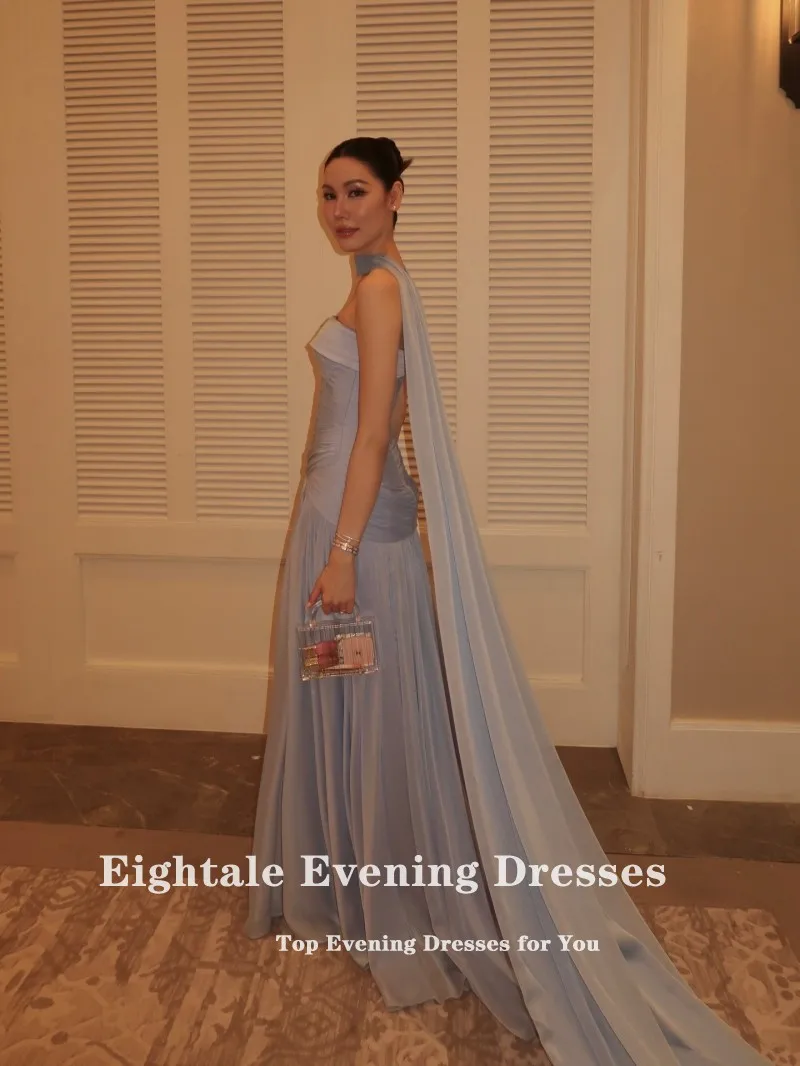 Eightale árabe vestido de noite sem alças plissados crepe personalizado halter azul muçulmano a linha baile de formatura vestido de festa de casamento