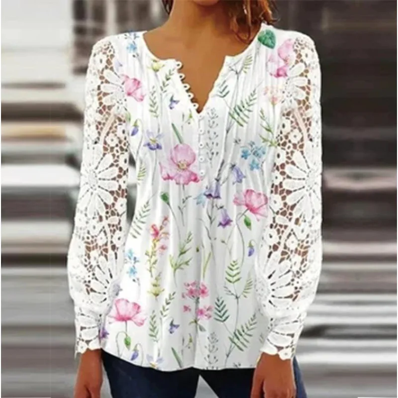 2023 Casual Spring Summer Women Shirt Vintage Button V Neck Hollow Out Flower Lace Long Sleeve Blouse Tops Fashion Pullover