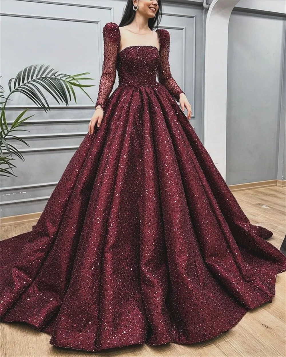 Sansa Luxury Wine Red Long Sleeve Evening dresses Square Collar Shiny Sequi Vestidos de fiesta A-line Floor-Length فساتين سهرة