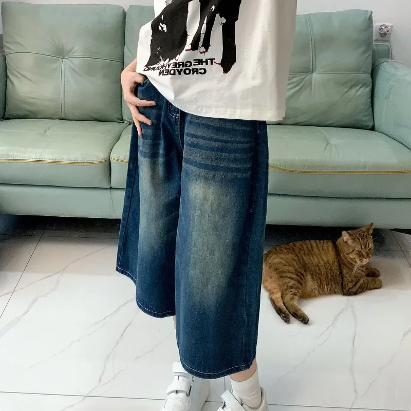 Retro Washed Blue Cropped Jeans for Women in Summer Pear Shaped Figure Slimming Mid Length Jeans Fashion Hight Waist Pants