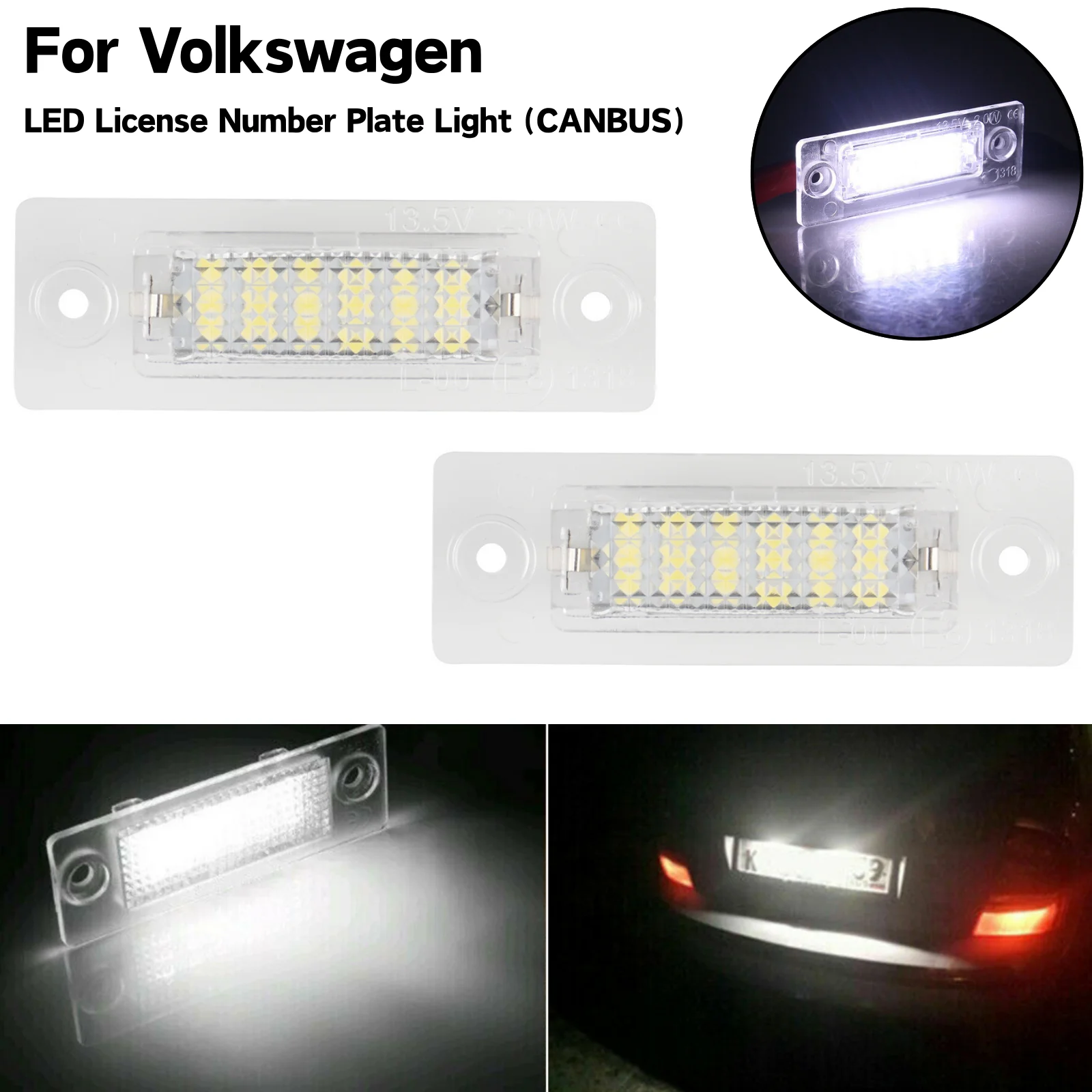 

For VW Touran Passat Jetta Mk5 Golf Caddy For SKODA, 2pcs LED Number License Plate Lights 6500K White CANBUS 12V High Brightness