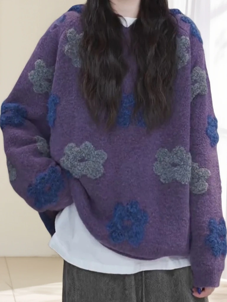 

Весна 2026: Женский вязаный свитер свободного кроя с объемными цветами, мягкий, пушистый, в корейском стиле, для повседневной носки, утолщенный, с защитой от катышков