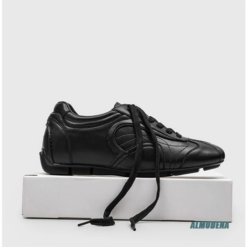 Black Genuine Leather Men Casual Sneakers Round Toe Lace-Up Low Top Streetwear Urban Minimalist Fashion Comfortable Daily Shoes