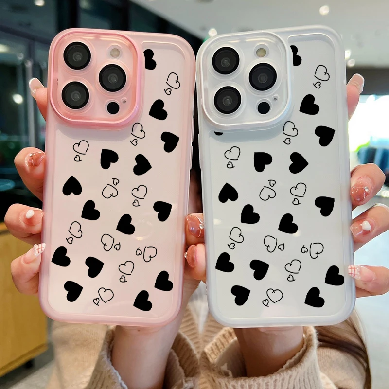 Love Hearts Print Case For iPhone 16 Pro Max 11 12 13 14 15 Pro Max Luxury Lens Protector Shockproof Clear Soft Silicone Cover