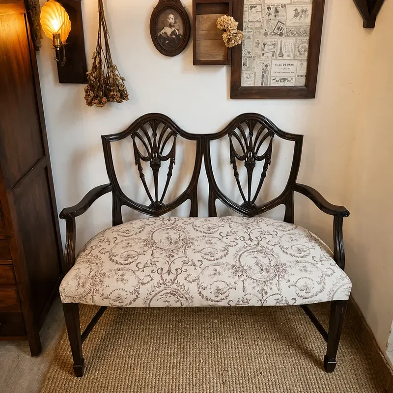 American Solid Wood Carved Floral Retro Vintage Sofa Medieval Fabric Studio Living Room Double High Back Couch
