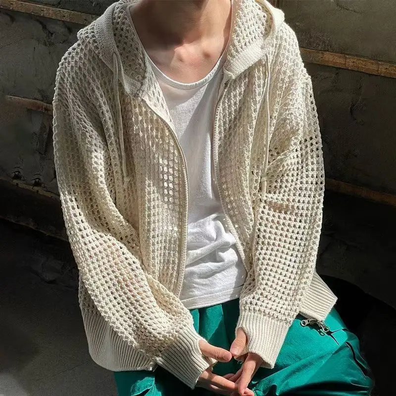 

Hollow Out Knitted Hoodie Mens Jacket Loose Hooded Cardigan Spring Autumn Fashion Casual Knit Zip-Up Sweater Tops Streetwear