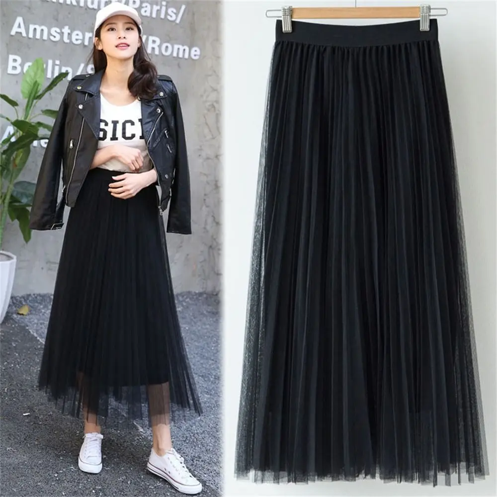 3 Layers Women Tulle Skirt Elegant Ball Gown Mesh Skirt Long Dress High Waist A Line Pleated Skirt Summer Chic