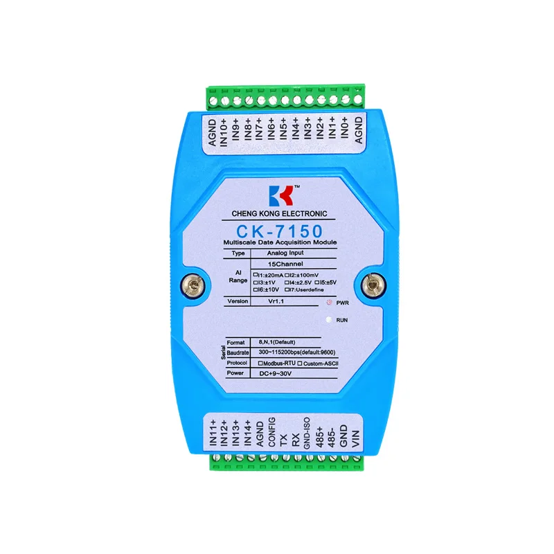 

CK-7150 15-channel Single-ended Analog Input Independent Dual Serial Port 4-20ma to 485 Current and Voltage Data Acquisition