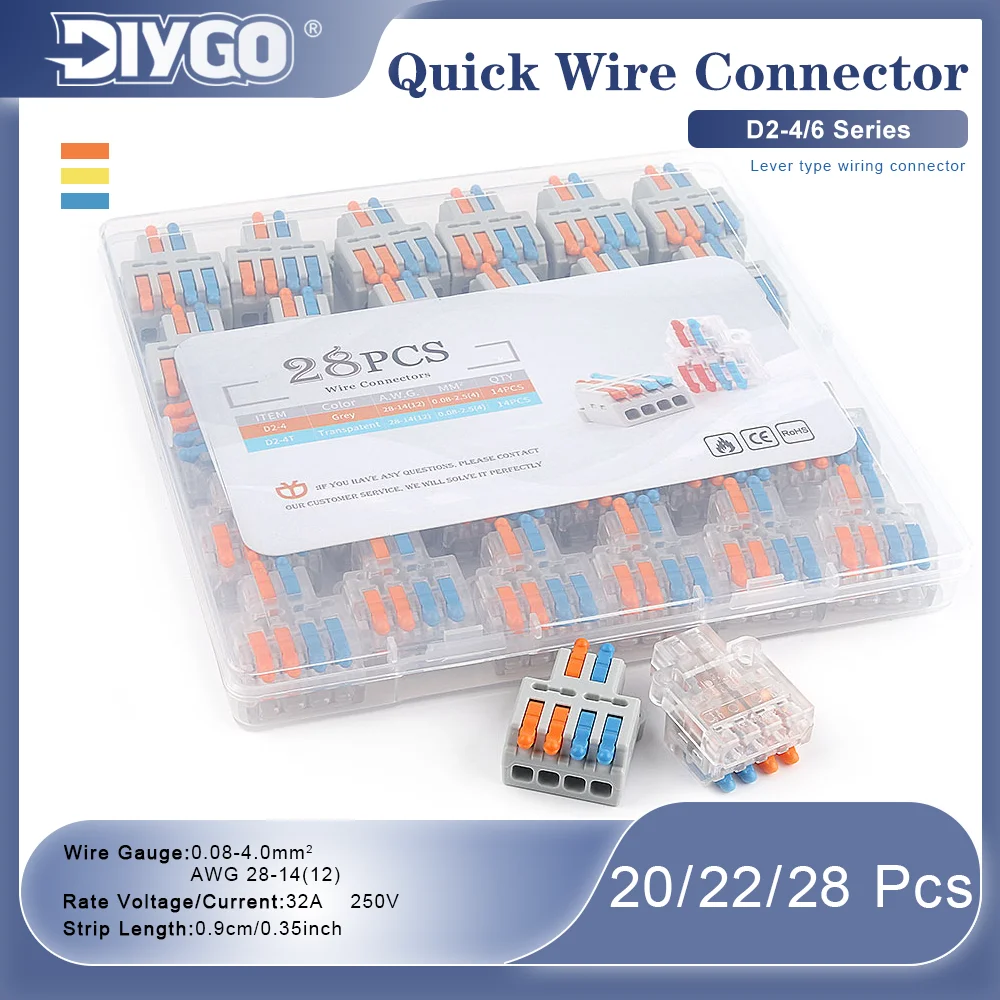 

D Series 2 In 4/6 Out Boxed Mini Fast Wiring Connector Compact Quick Connect Terminal Block 28-12AWG Push In Lever Connector Kit