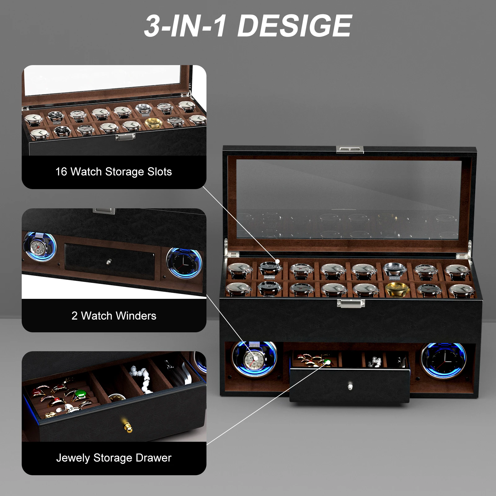 Двойная намотка для автоматических часов, 2 рулона, коробка для хранения, дерево с фотоэлементом