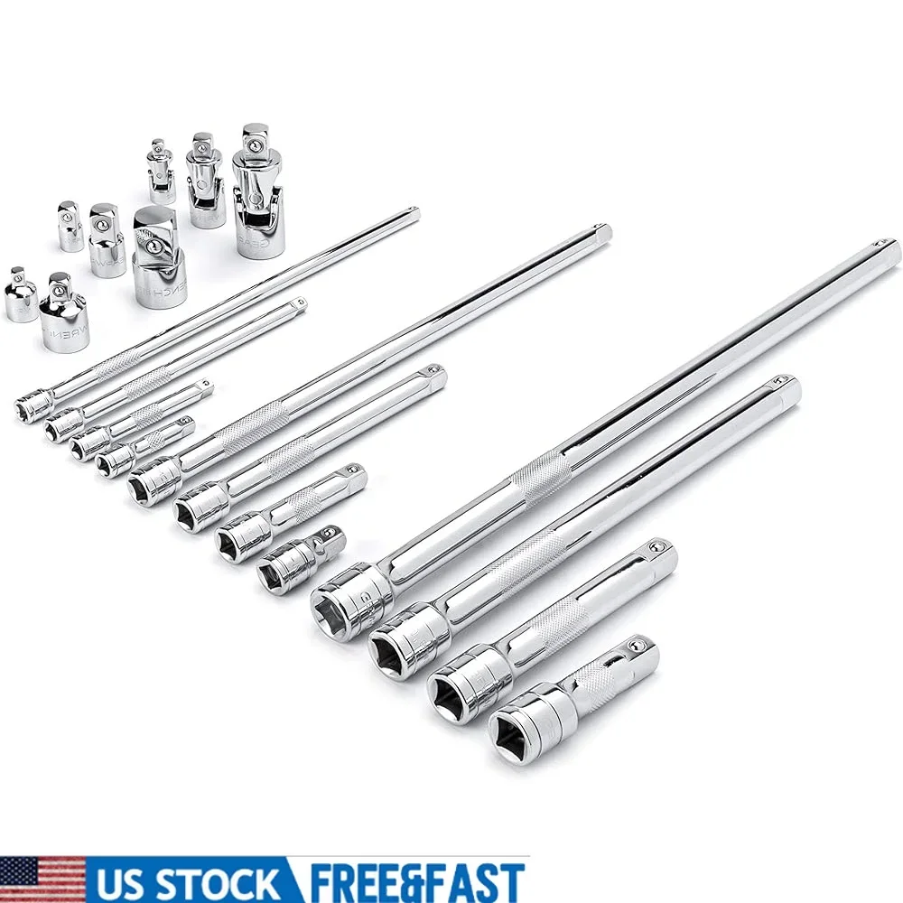 

20 Piece Drive Extension Universal Joint Socket Adapter Set 1/4 3/8 1/2 Inch Ball Detent Knurled Grip Chrome Finish