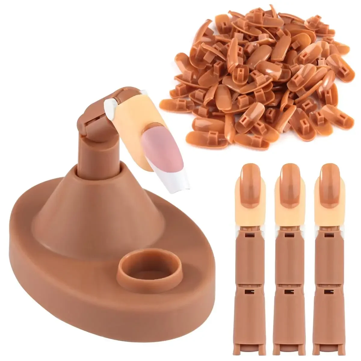 Nail Practice Finger Set with 3 Fake Fingers + Base Stand + 100 Brown Nail Tips – Ideal for Home, Salons, and Beginners.