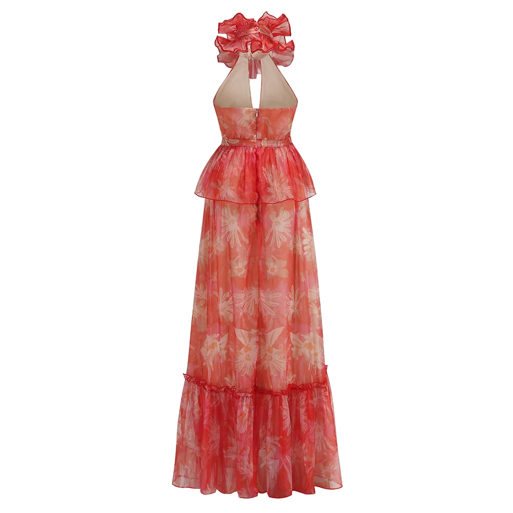 Pink 3D Floral High Neck Deep V Off-Shoulder Backless Ball Gown Mesh Maxi Dress - Statement Piece