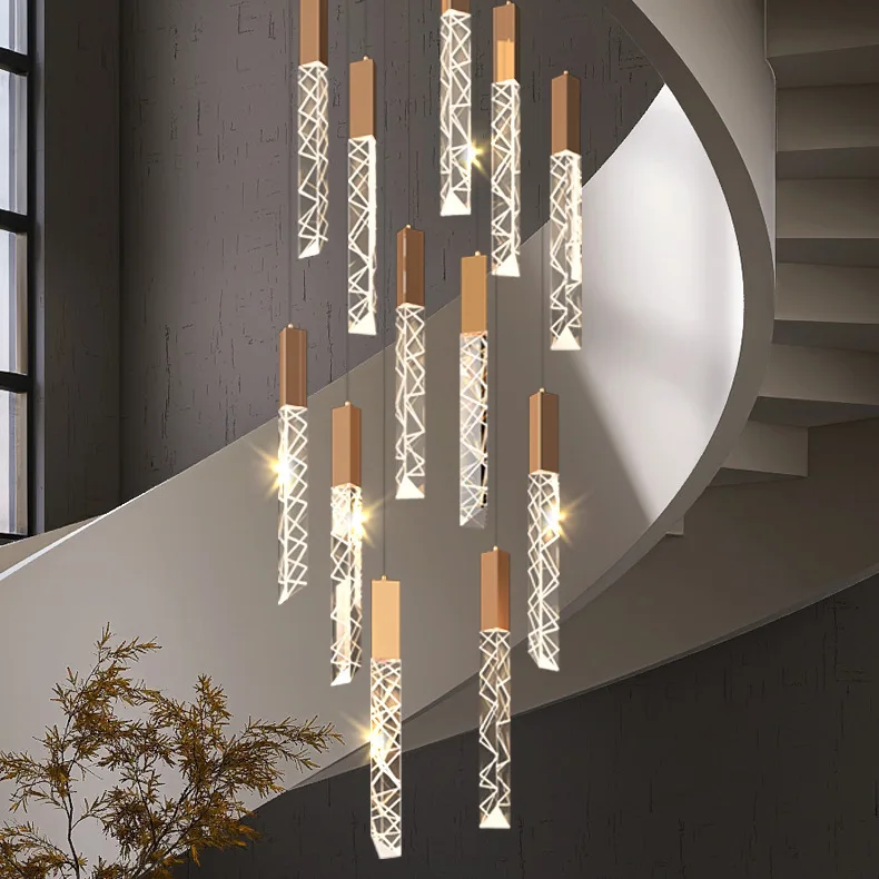 Crystal Diagonal Bar Chandelier Light Luxury Modern Home Decor for Villa Living Room Rotating Hollow Staircase Duplex Art Lamp