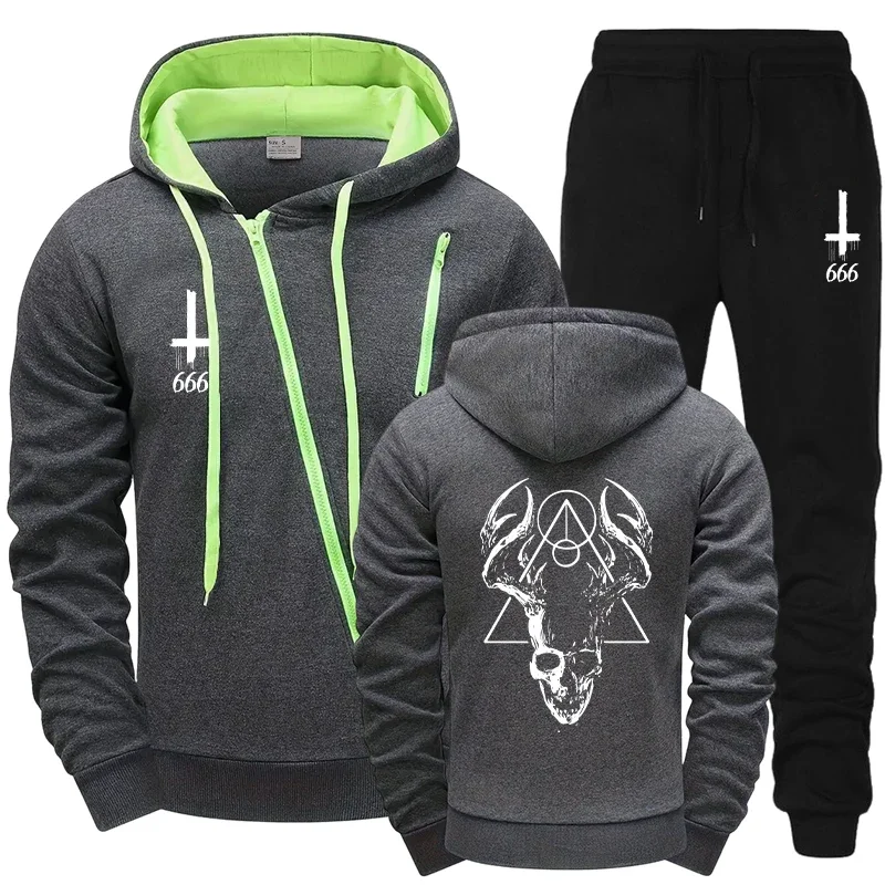 Motorcycle Mens Satan Print Tracksuit 2026 Diagonal Zipper Design Hoodie with Joggers Urban Streetwear Fall Winter Riding Outfit