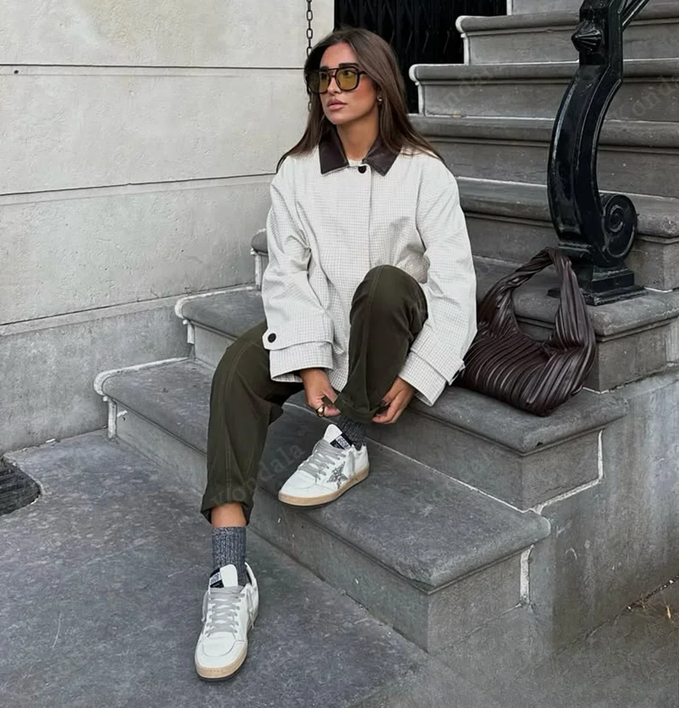 

KONDALA женская шикарная клетчатая короткая куртка с кожаным воротником и карманами на пуговицах, короткая ветровка, весна-осень 2021, уличная повседневная куртка