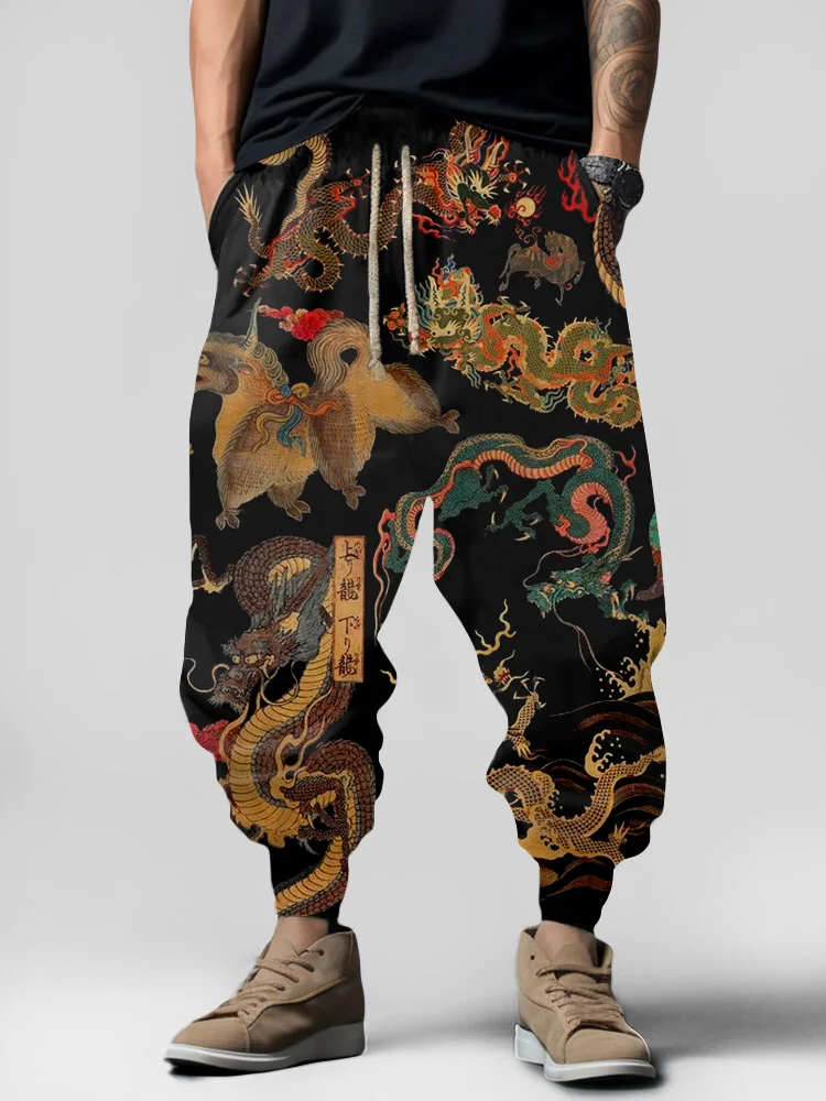 Men's Japanese Dragon Kirin Full Print Jogger Pants Drawstring Elastic Cuff Loose Streetwear Casual Sweat Trousers