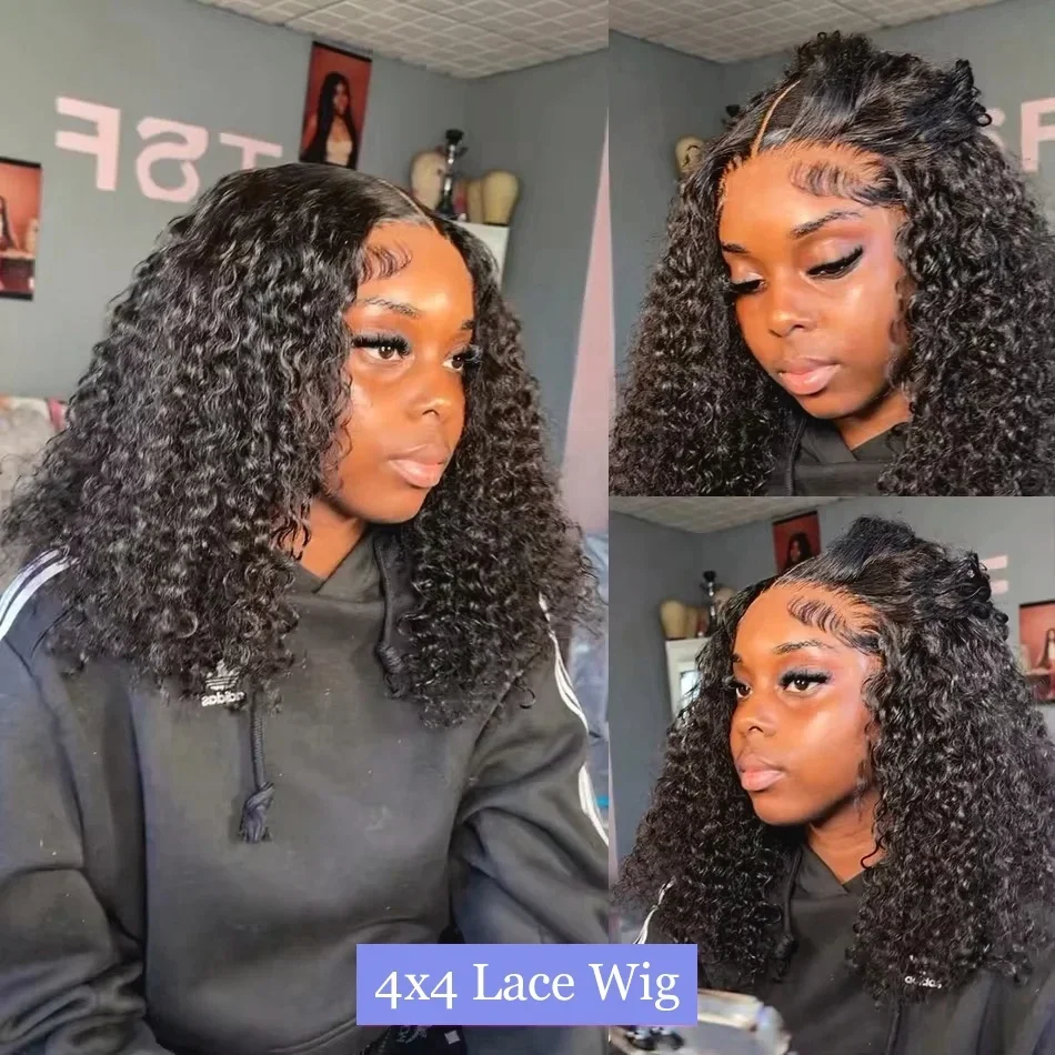 Curly Bob Wig 13x4 Transparent Lace Frontal Wig Human Hair 220% Density 12 14 Inch Pre Plucked With Baby Hair Women Remy Hair Deep Wig For Women image 4