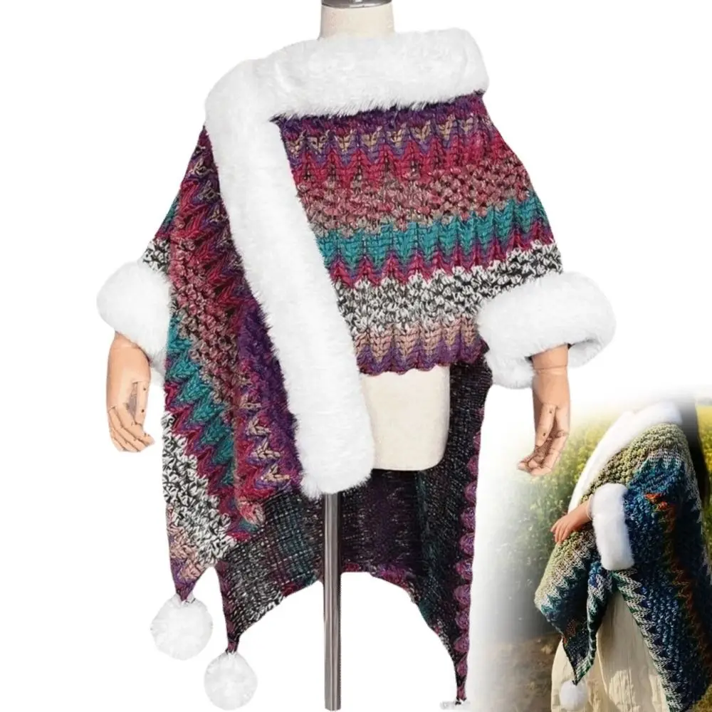 

Faux Fur Collar Kids' Mongolian Poncho Ethnic Style Winter Warm Plush Knitting Wraps Artificial Wool Striped Coat Overlays