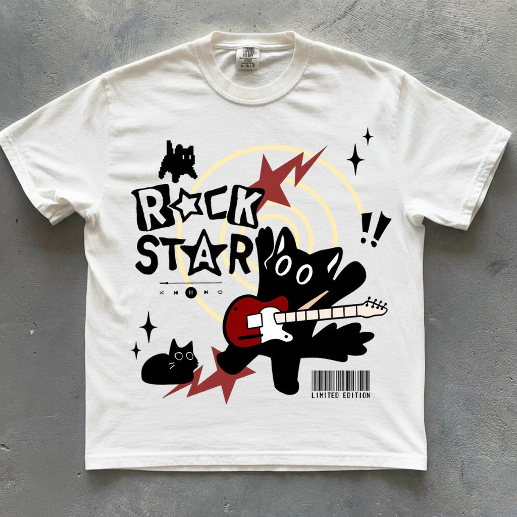 Men's Funny Kitten Rock Rocker Graphic T Shirt Cotton Tee Women Streetwear Oversize Summer Novelty Vintage Trendy  Hip Hop Punk