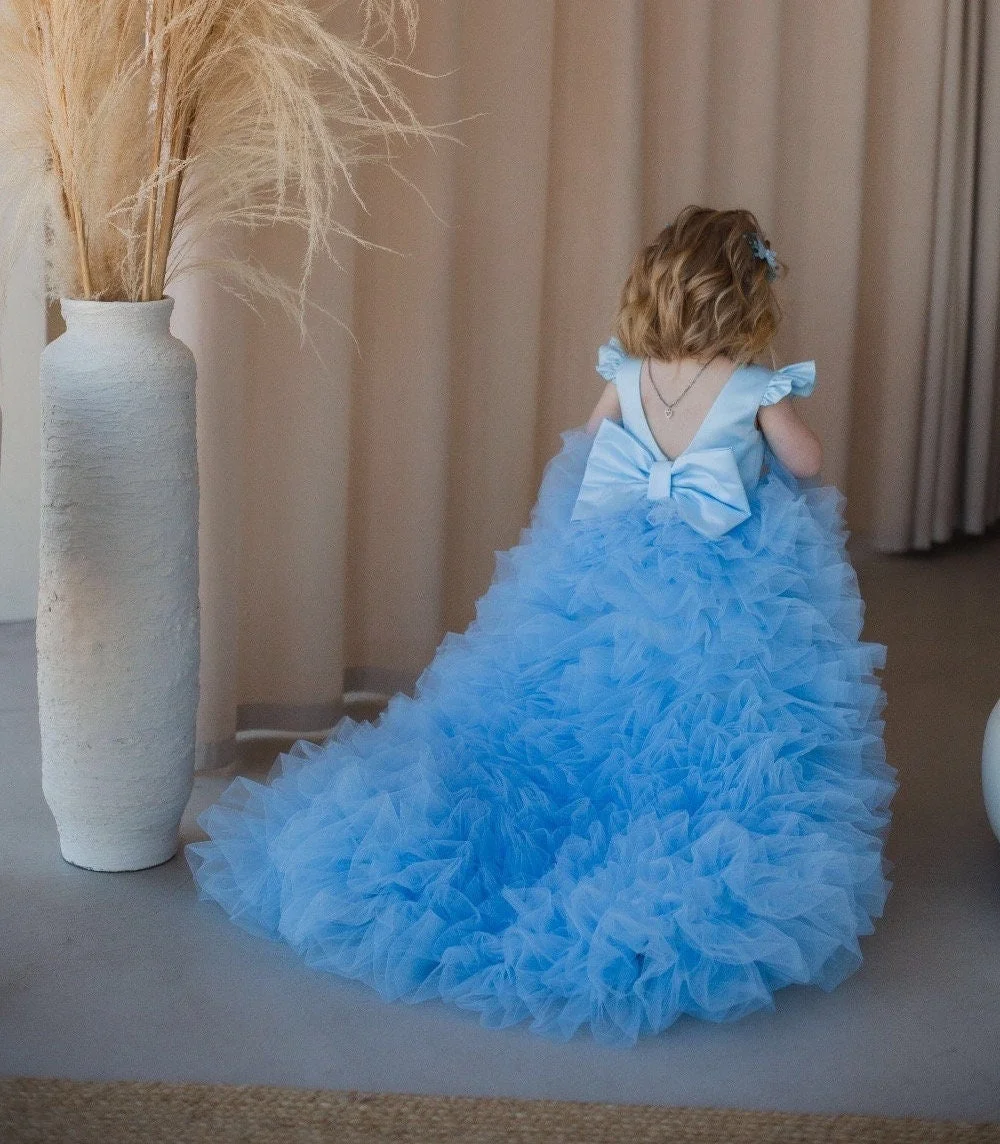 

Long Train Birthday Girl Wear Blue Flower Girl Dress Ball Gown Puffy Prom Pageant Special Occasion Baby Wedding Dress