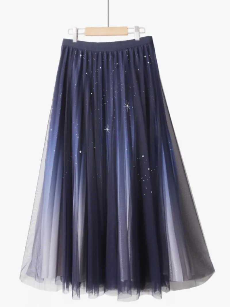 Women Mesh Elastic Tutu Skirt Beach Spring Summer High Waist Fashion Pleated Long Skirt Gradient Color Tulle Skirts