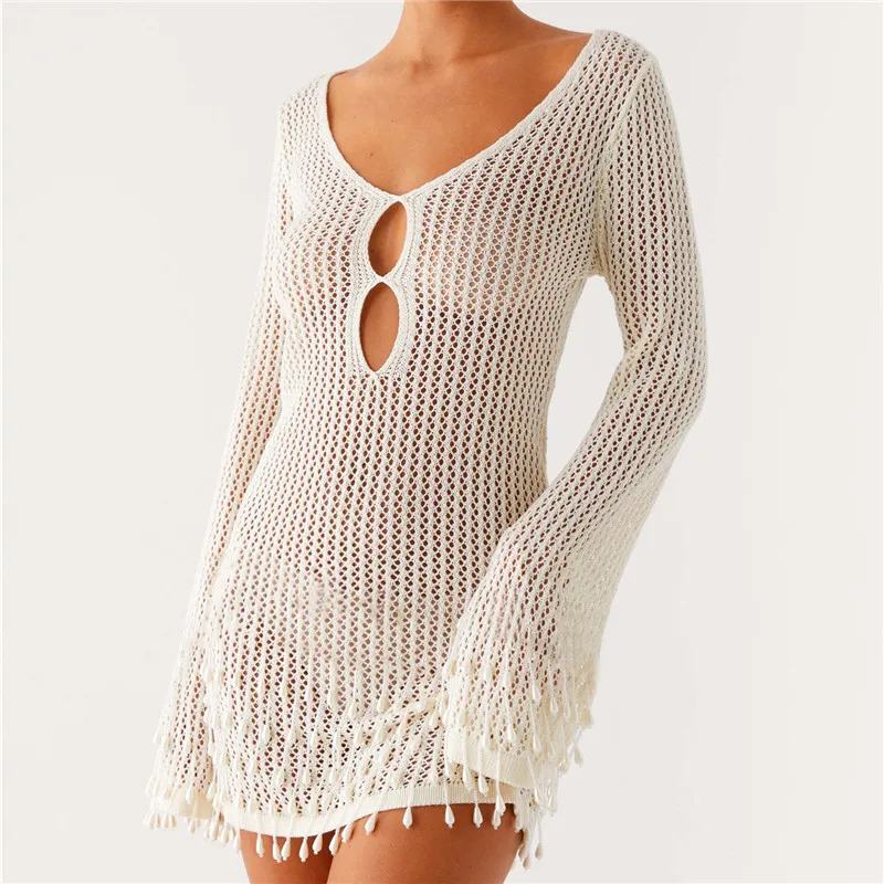 

Полое вязаное мини-платье для женщин, клетчатое платье с длинным рукавом и v-образным вырезом, бикини-кардиган, женское сексуальное платье для пляжного отдыха