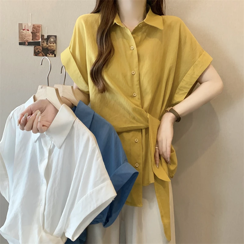 

Slimming ort Sve irt for plus Size Women Side Tie Cover up Korean Sle Collar Pure Color Busin Casual Top
