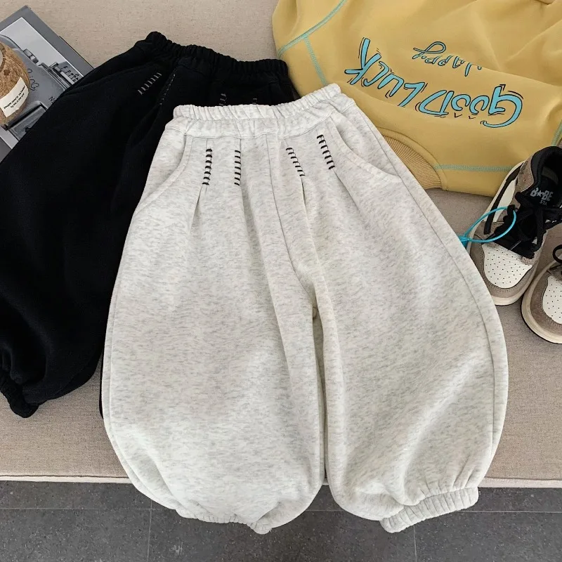 

2025 New Winter Kids Sweat Pants 2-7Y Solid Color Boys Fleece Lining Trousers Girls Baby Loose Warm Pants Children Outwear Pant