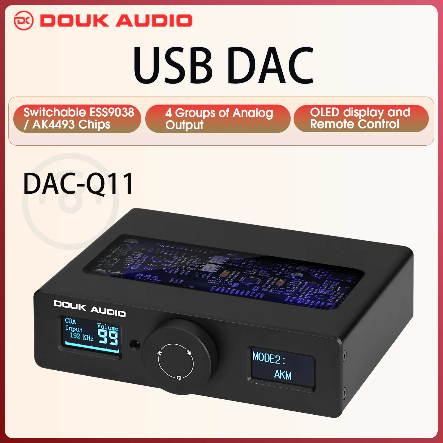 Douk Audio HiFi ESS9038Q2M + AK4493 USB DAC Adaptador de áudio COAX/OPT Conversor digital para analógico DSD256 DAC-Q11