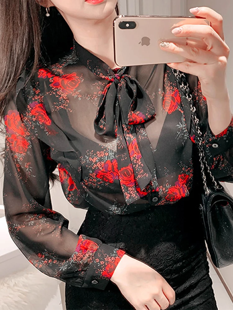 Blusa informal con estampado Floral para mujer, camisa Sexy de gasa con volantes, encaje, cuello de lazo, moda coreana