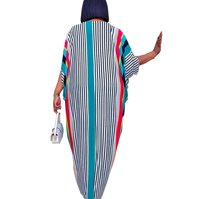 الصيف السببية شريط طباعة فستان طويل فضفاض عباية الأفريقية المرأة أنيقة Dashiki رداء موضة س الرقبة Batwing كم رداء فساتين #2
