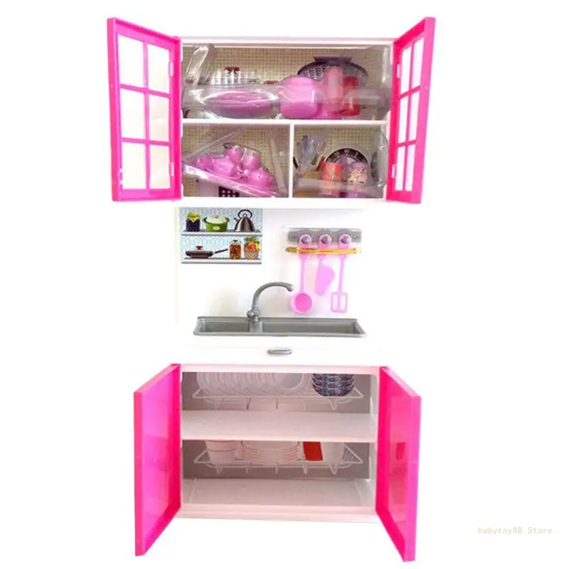 Y4UD Simulation Kitchen Cabinets Set Children Pretend for Play Cooking Tools Mini Dolls Tableware Suits