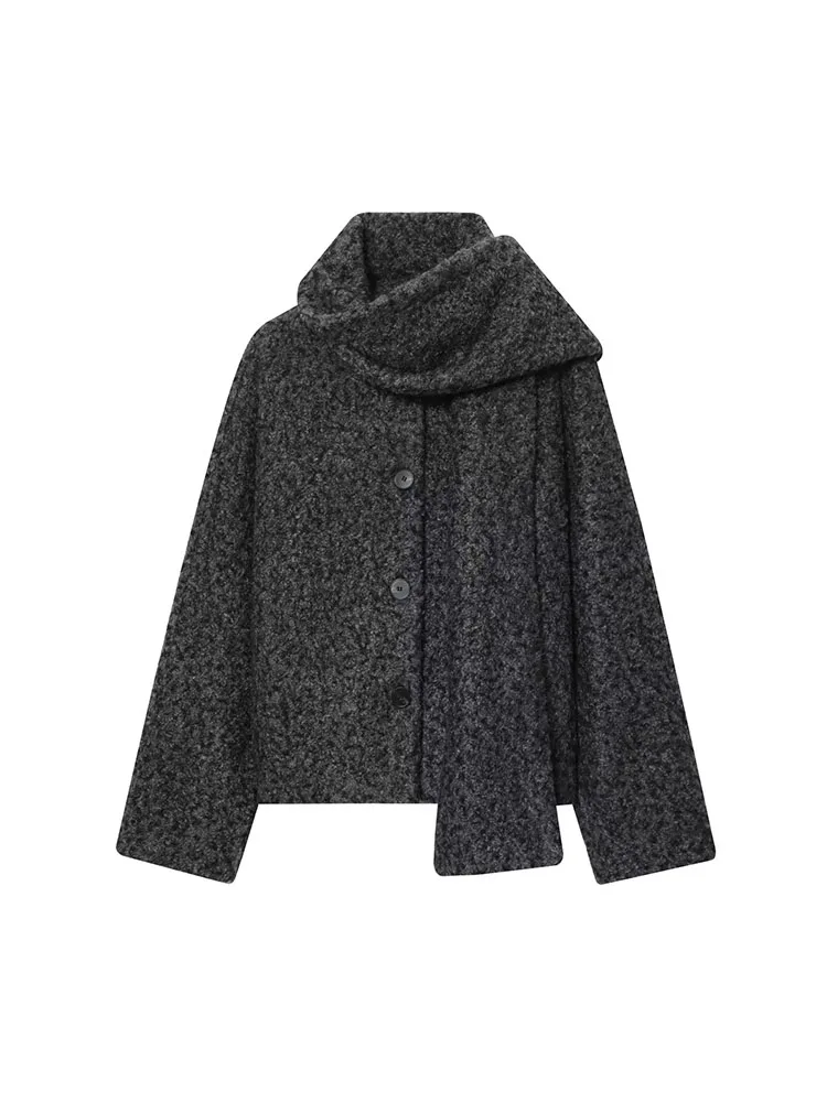 

HH Women Bouclé Fabric Scarf Collar Single Breasted Casual Long Sleeves Loose Short Top Autumn Fashion Street Style Solid Coat