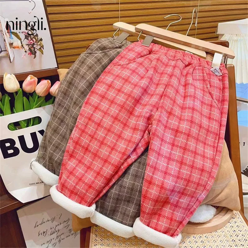 

Girls' Autumn and Winter Pants New Children's Casual Pants Baggy Pants Baby Girls' Fashionable Fleece-Lined Plaid Trousers