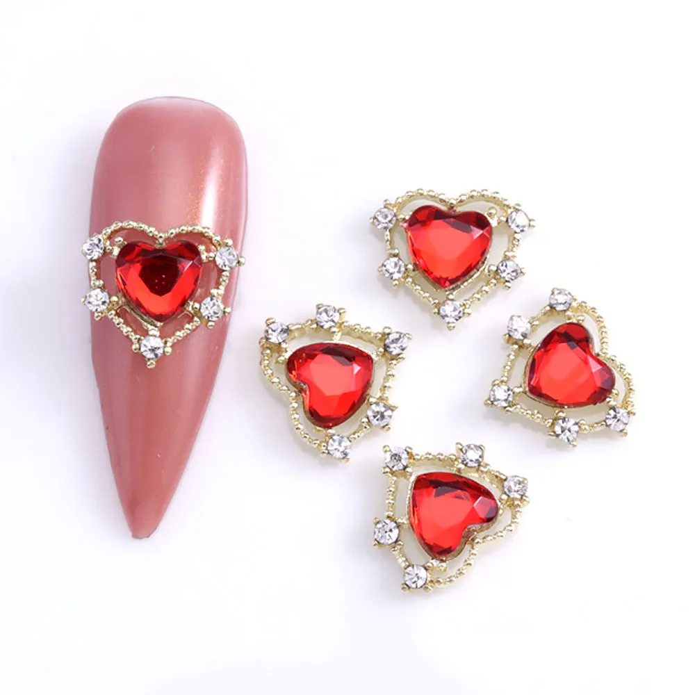 10 SZT./Worek Metalowe Ozdoby do Paznokci w Kształcie Serca Diamentowe Złote/Srebrne Stop Luksusowe Perły Czerwone/Niebieskie/Różowe/Przezroczyste Dekoracje Cyrkonie Biżuteria
