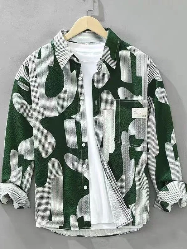 

Casual Men's Long Sve irt Bubble Texture Summer Outdoor Loose Fit Printed Versatile Top Comfortable Breathable Polyester
