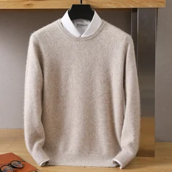 Autumn/Winter Korean New 100% Mink Cashmere Men's Cold Top Solid Round Neck Pullover Casual Soft Sweater