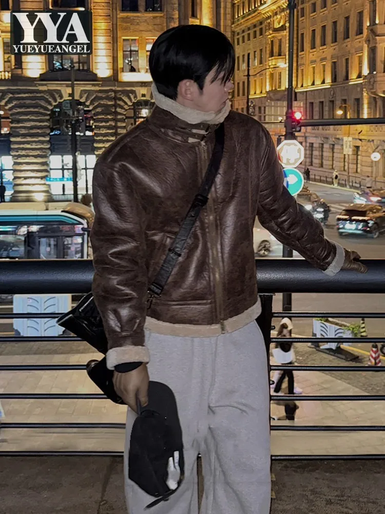 Winter Men Thicken Warm Motorcycle Jacket Loose Fit PU Leather Lambswool Turn Down Collar Short Coat Streetwear Casual Outerwear