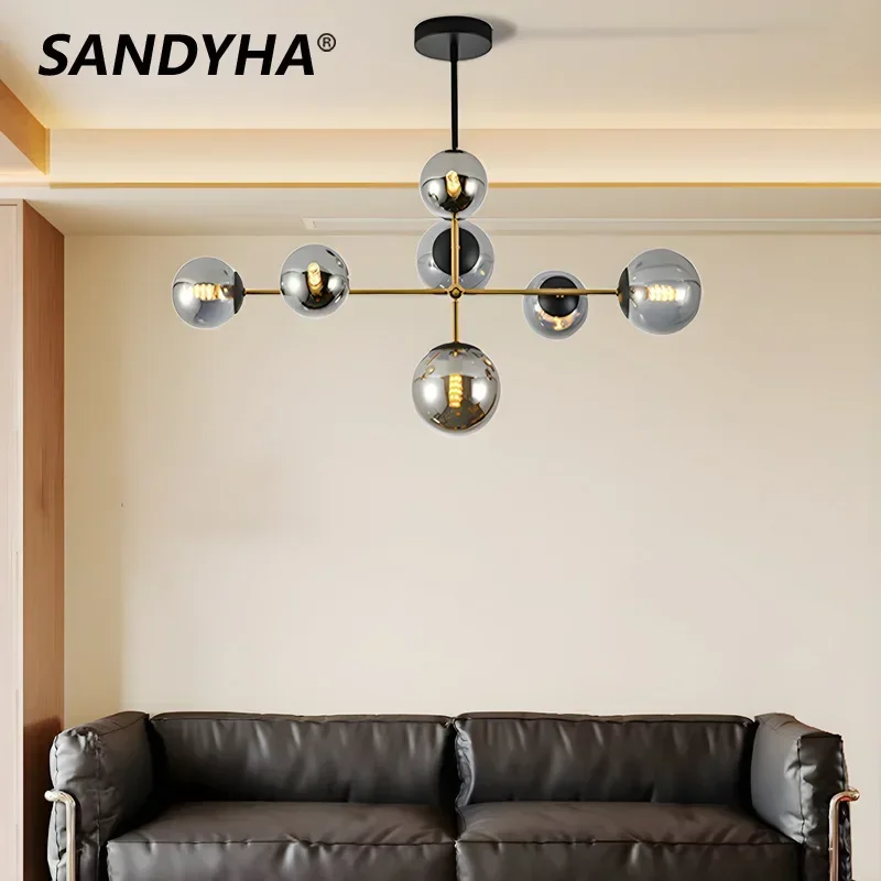 SANDYHA Nordic Living Room Chandelier Magic Bean Glass Lampshade Design Hanging Chandelier Kitchen Island Dining Table Lighting