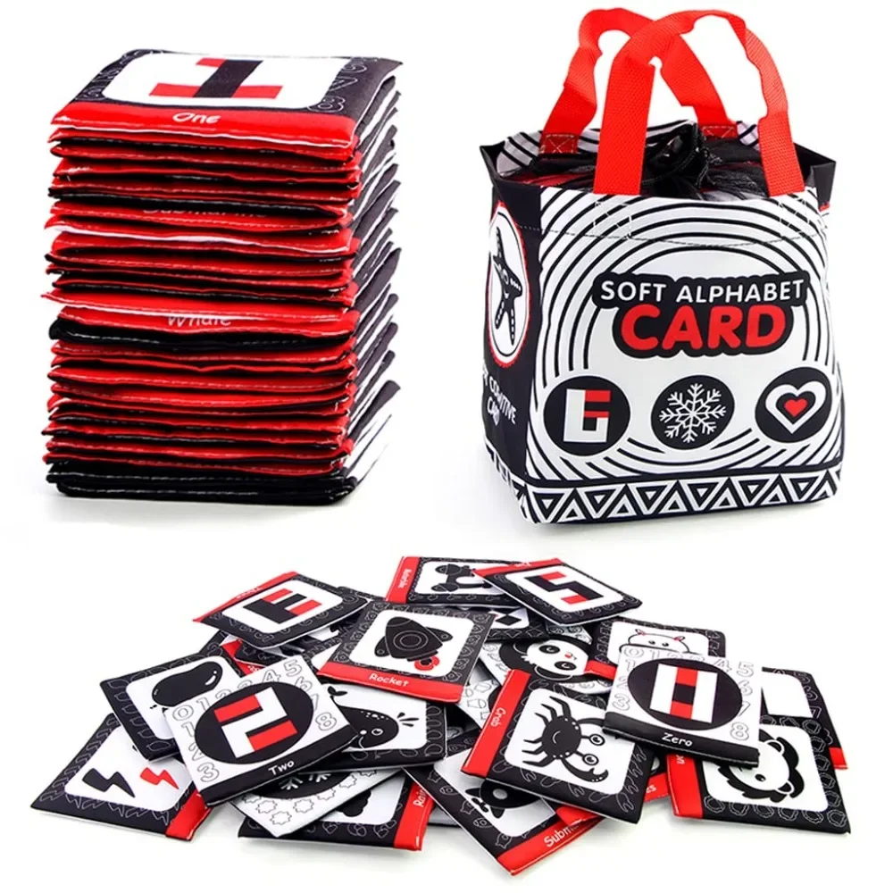 Baby Books Toys Flash Cards for Newborn Washable Non-Toxic High Contrast Double Side Baby Crinkle Cloth Books with Storage Bag