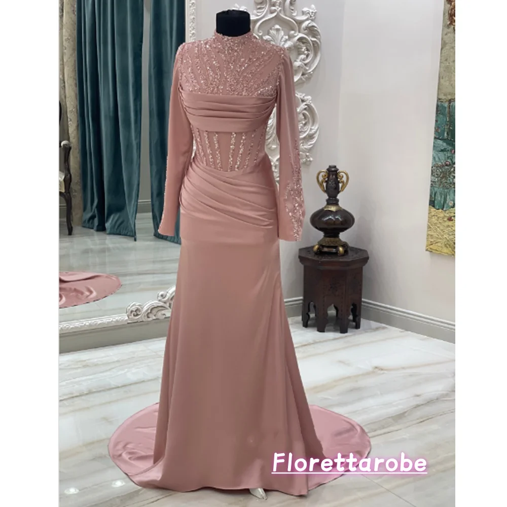 

Florettarobe Sequins High Collar Evening Dresses Full Sleeves Satin Prom Gowns for Women Mermaid Party Dress Long Customized