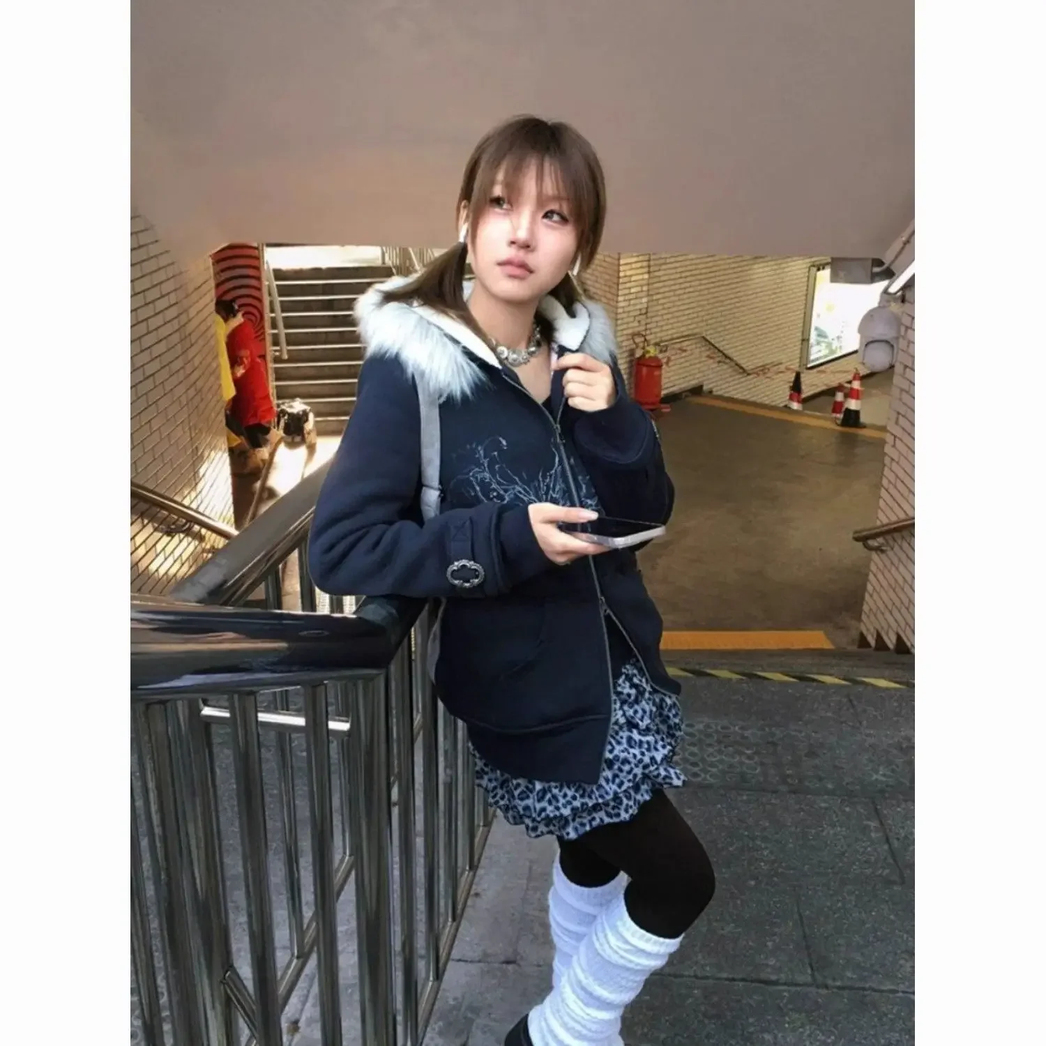 Y2kเสื้อกันหนาวขนสัตว์Patchwork Hoodiesผู้หญิงVINTAGEพิมพ์แจ็คเก็ตเกาหลีคู่ซิปHooded Coats Harajuku Grunge Streetwear