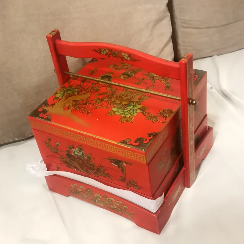 Factory Direct Purchase Double-Layer Wooden Food Container Wedding Dowry Cabas Photography Props Red Retro Outfit Meal Delivery