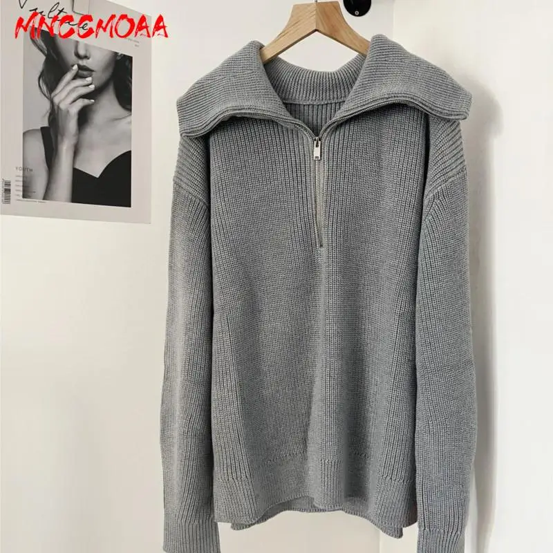 MNCCMOAA High Quality 2024 Autumn Winter Women Fashion Loose Striped Knit Sweater Female Casual Zipper Long Sleeve Top Pullovers