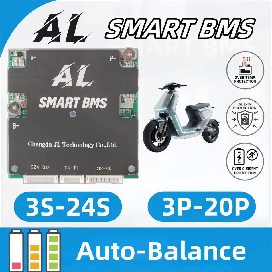 

ALBMS Golf Cart BMS Dual Temp Sensor 2A Active Balancer Bluetooth 3-12S 80-200A 12V 24V LiFePO4 Li-ion Marine DIY Battery Pack