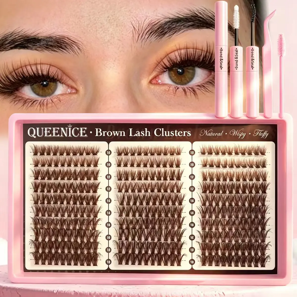 Dark Brown Cluster Lashes Kit, Fluffy Wispy Individual Lash Clusters, DIY Lash Extensions, 10-18mm Mixed Length, Thin Band