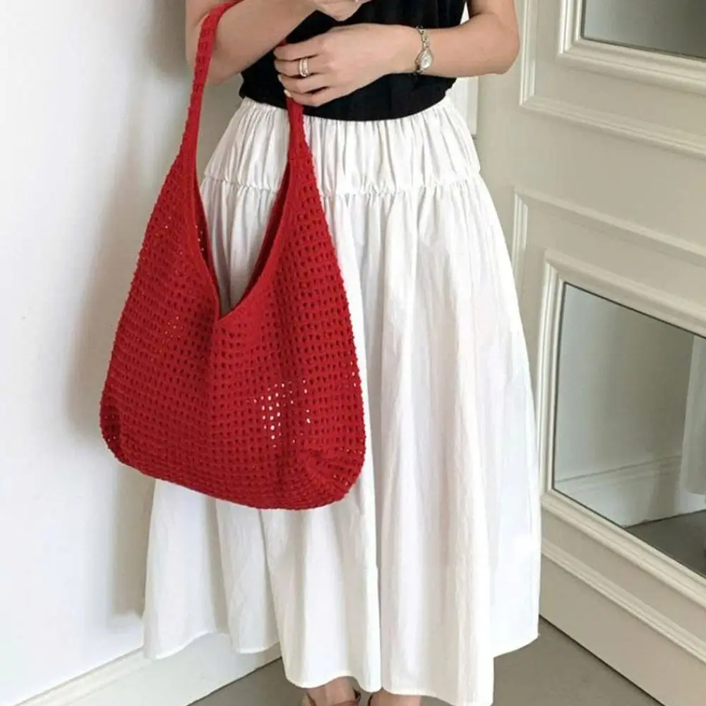 

Women Crochet Tote Candy Bag Fashion Knitted Large Capacity Woven Shoulder Bags Solid Color Simple Shopping Bag for Summer Beach