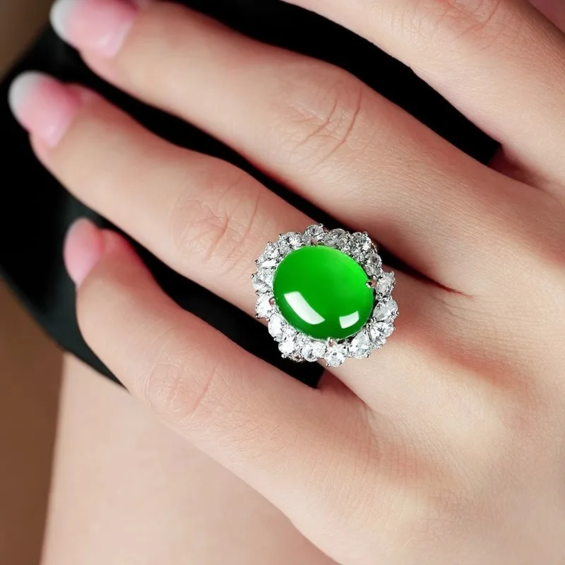 Jewelry Ice Seed Green Jade Marrow Pigeon Egg Ring Handmade Copper Silver Plated Women's Ring Temperament jewelry gift