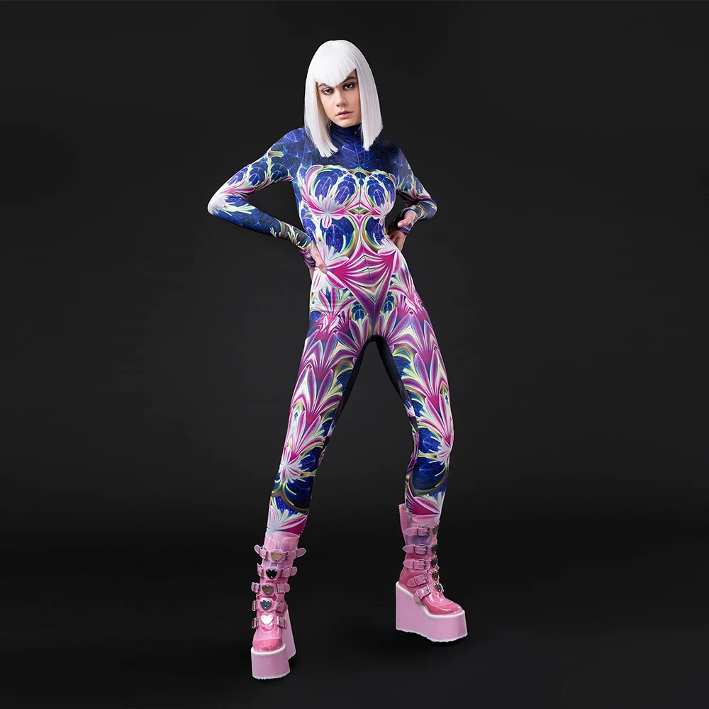 [Sei il mio segreto] Tute da donna Adulti Punk Tie dye Stampato Zentai Tute a maniche lunghe Costumi Cosplay per feste di Halloween